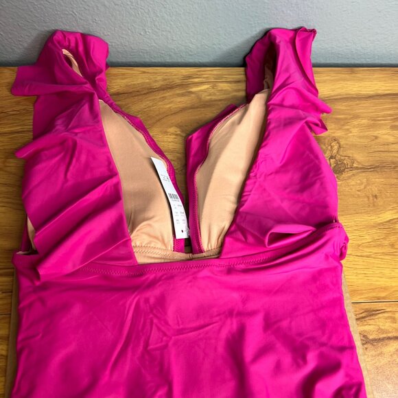 J Crew Ruched One Piece Swimsuit Ruffle V Neck Radiant Fuschia Pink Deep V NWT‎ - Picture 8 of 13